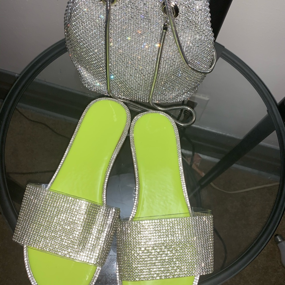YELLOW NEON RHINESTONE SANDALS